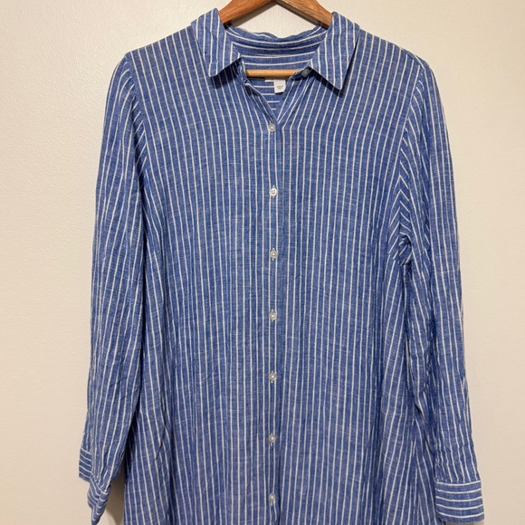 J. Jill Linen Button Down Shirt Dress Size Large Striped Midi Blue Beach - Picture 3 of 7